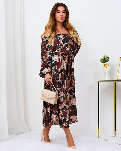 Royalfashion Чорно-коричнева квіткова максі-сукня для жінок
