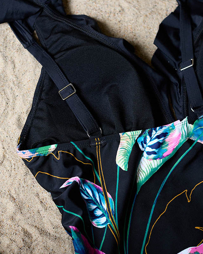 Жіночий чорний суцільний купальник з квітковим мотивом - Нижня білизна