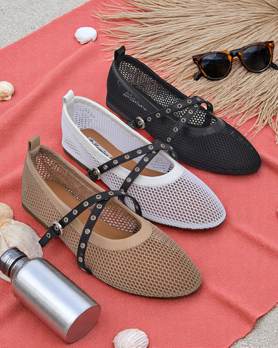 Baleríny Royalfashion Calista Bianca – síťované bílé dámské boty s černými pásky