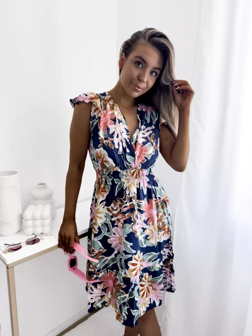 Жіноча темно-синя міні-сукня з квітковим принтом - Одяг