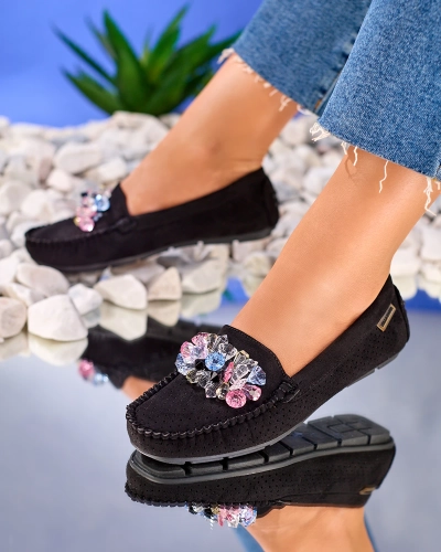Royalfashion Ажурні чорні жіночі мокасини з декоративними кристалами Cizzas