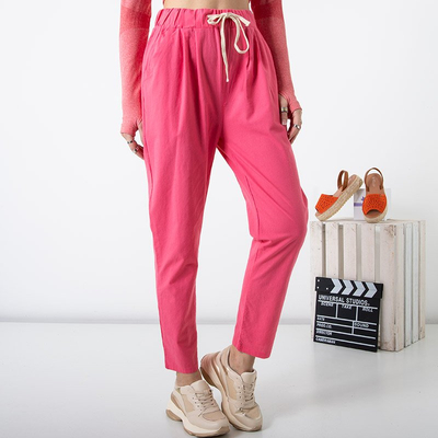 Růžové dámské rovné bavlněné kalhoty PLUS SIZE - Oblečení