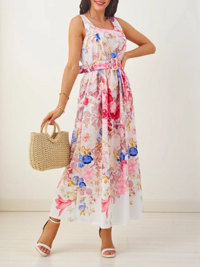 Royalfashion Dámské mididress viskóza s ramínky, s páskem v různých květinových vzorech