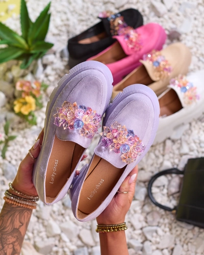 OUTLET Royalfashion Fialové dámské mokasíny s barevnými krystaly Crystal Glam