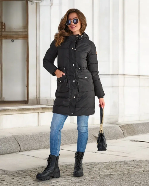 Чорна жіноча довга зимова куртка з синтетичним утеплювачем - Одяг