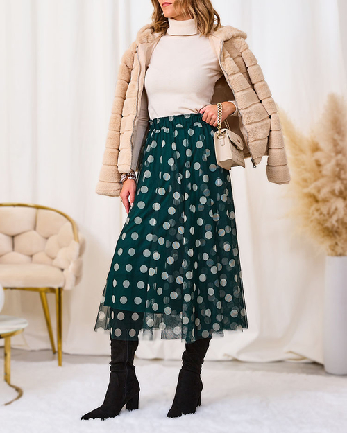 Royalfashion Темно-зелена жіноча двошарова спідниця міді в горох