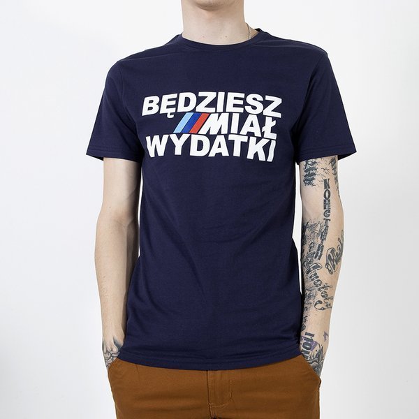 Pánské tmavě modré bavlněné tričko s potiskem - Oblečení