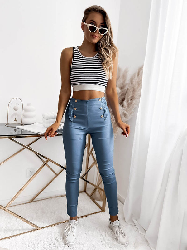 Modré dámské tegínové kalhoty s knoflíky - Oblečení