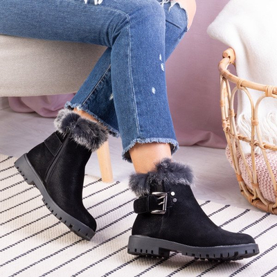 Czarne botki na płaskim obcasie z futerkiem Dalia - Obuwie