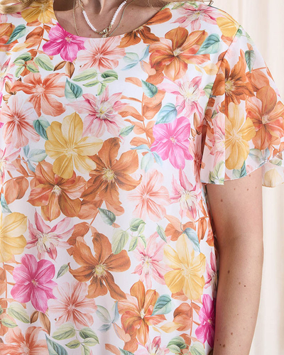 Жіноча сукня до коліна з принтом і воланом біло-помаранчевого кольору - Одяг