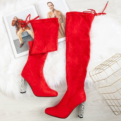 Червоні ботфорти на каблуці з камінням Buenos - Взуття