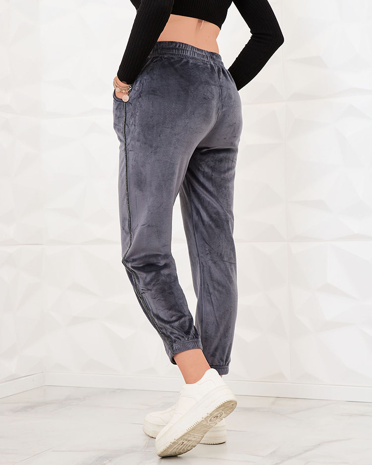 Royalfashion Šedé velurové dámské tepláky se zirkony