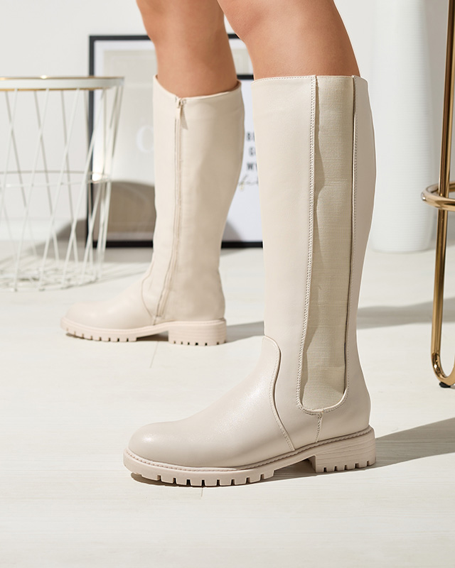 Bílé dámské kozačky nad kolena s plochým podpatkem Dexis - Obuv