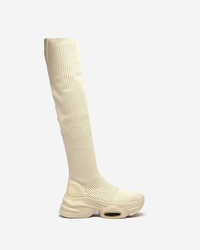 OUTLET Béžové dámské nazouvací kozačky nad kolena Georisa - Obuv