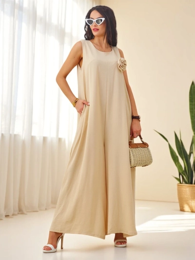 Jumpsuit Letní Dlouhý Na Ramínkách Marcellina Béžový Viskóza