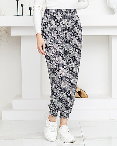Темно-сині та білі жіночі штани PLUS SIZE з малюнком - Одяг