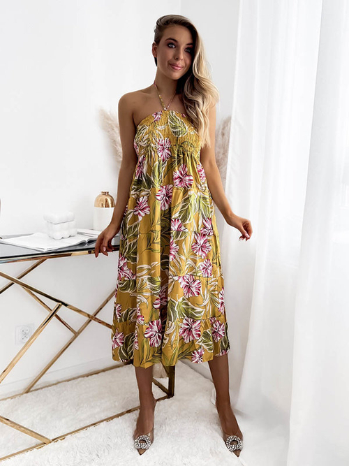 Жовта жіноча сукня міді з квітковим візерунком - Одяг