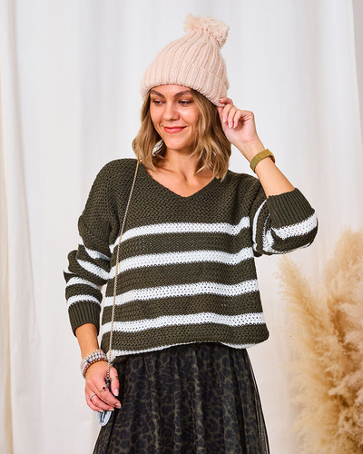 Royalfashion Tmavě zelený dámský pruhovaný svetr