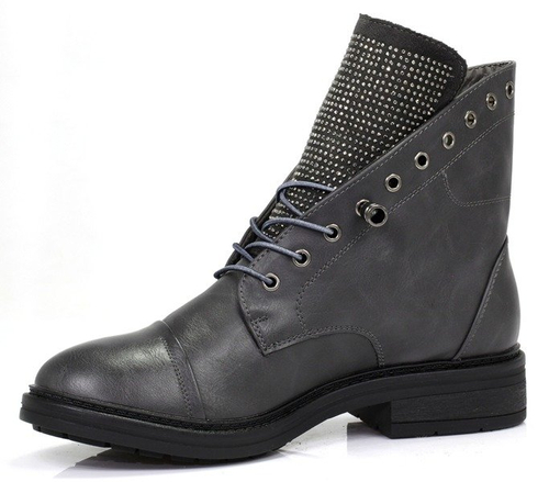 Szare, wiązane botki - Obuwie