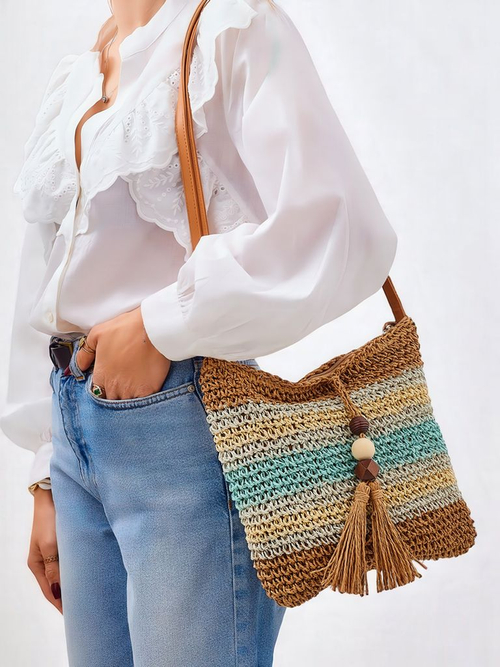 Royalfashion Маленька жіноча солом'яна сумка в смужку з підвіскою Mini