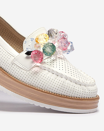 Білі жіночі мокасини з декоративними кристалами Liscutio- Footwear