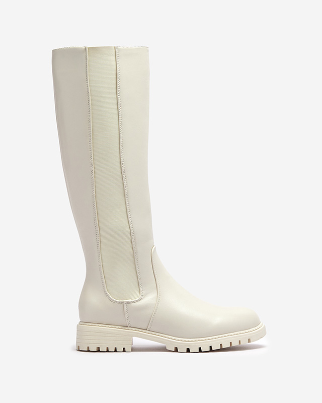 Bílé dámské kozačky nad kolena s plochým podpatkem Dexis - Obuv