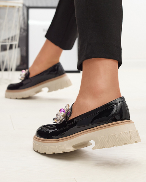 Чорні лаковані жіночі мокасини з орнаментом Leliab- Footwear