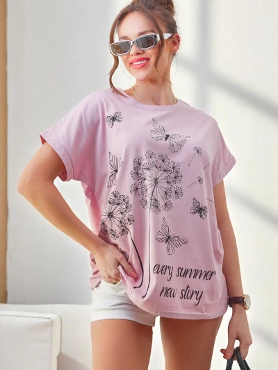Royalfashion Жіноча бавовняна футболка з кульбабами та метеликом