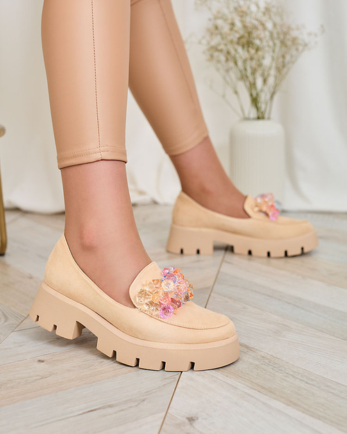 Бежеві жіночі мокасини Royalfashion з різнокольоровими кристалами Crystal Glam