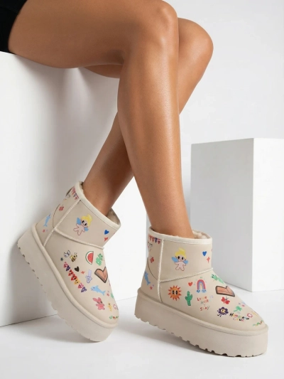 Boty Lemuria - Krémové Sněhule Doodle na Silné Podrážce Furrini