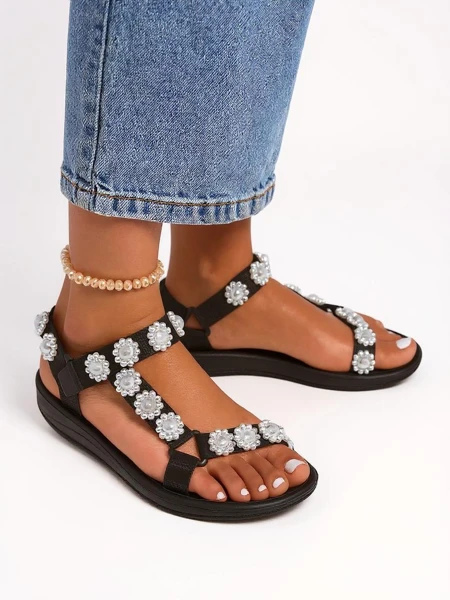 Dámské sandály Royalfashion Perseida černé na platformě s perličkami