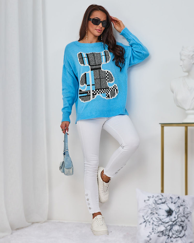 Royalfashion Modrý dámský svetr s medvídkem