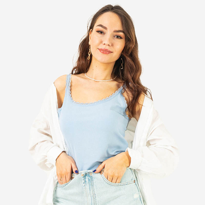 Modré dámské tričko s krajkou na ramínkách - Oblečení