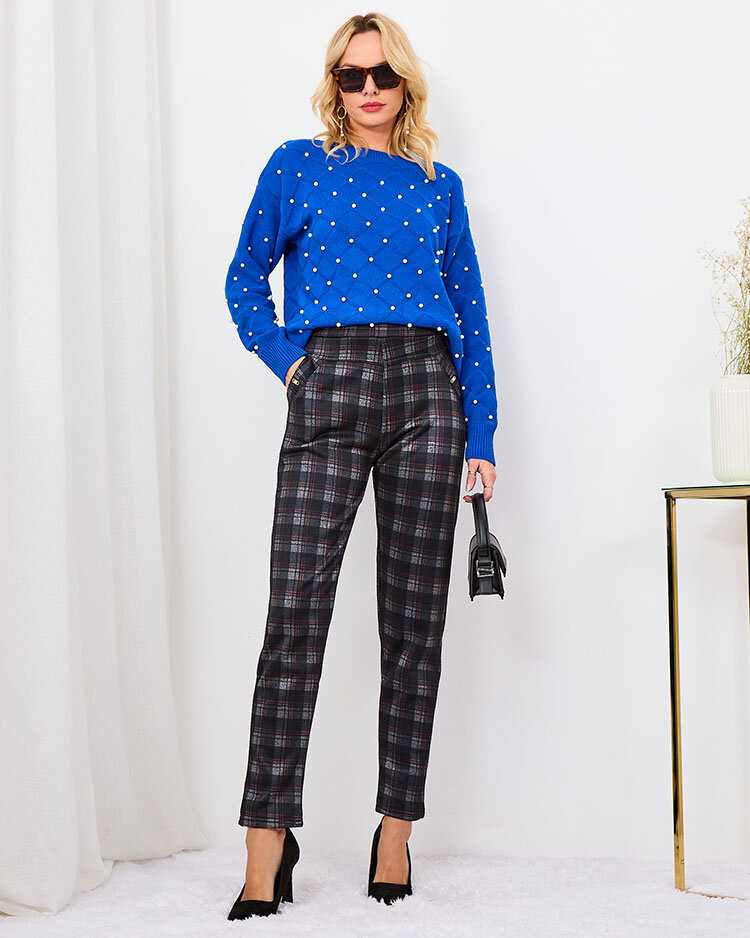 Royalfashion Šedo-červené dámské zateplené kostkované tregíny