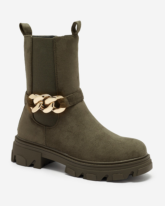 Dámské tmavě zelené kozačky z ekokůže s řetízkem Mefrika- Obuv