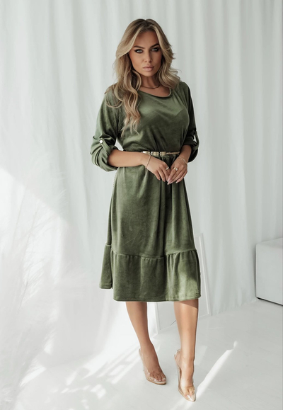 Royalfashion Khaki dámské velurové šaty s ozdobným páskem