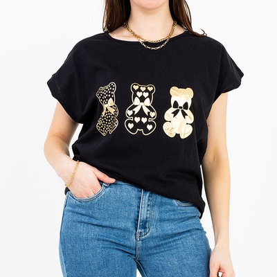 Dámské černé bavlněné tričko se zlatým potiskem medvídků - oblečení
