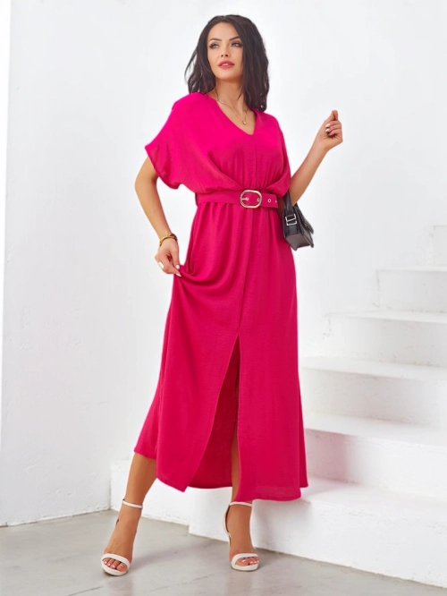 Royalfashion Жіноча міді-сукня з короткими袖ами, V-подібним вирізом та центральним розрізом