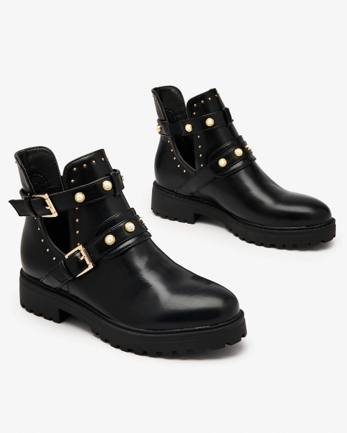 Royalfashion Чорні жіночі декоровані черевики на плоскому каблуці Pearl Elegance