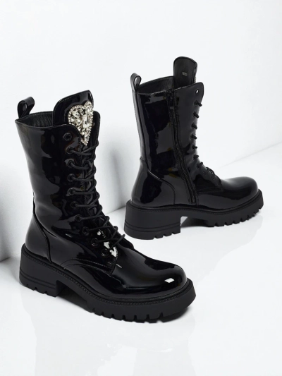 Лаковані шнуровані жіночі ботфорти Emelune