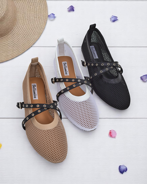Балетки Royalfashion Calista Bianca – сітчасті білі жіночі туфлі з чорними ремінцями