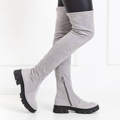 Šedé semišové kozačky nad kolena s plochými podpatky Engi- Footwear