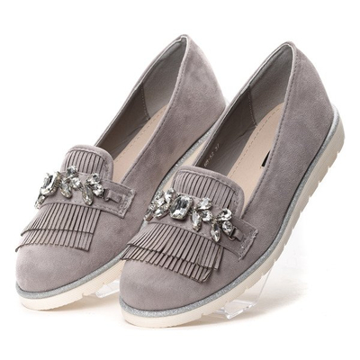 Szare mokasyny z frędzlami i cyrkoniami Micheline- Obuwie