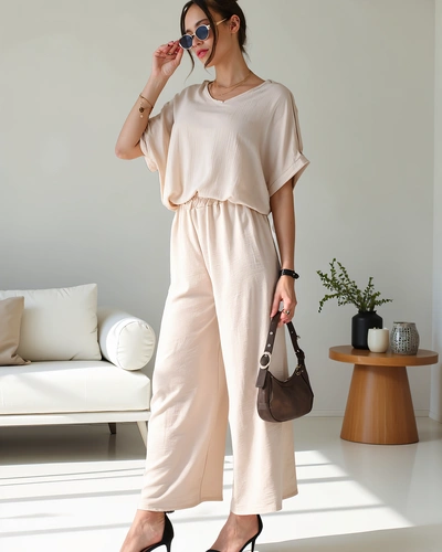 Royalfashion Жіночий повсякденний комплект з блузкою з коротким рукавом та широкими штанами