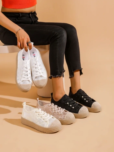 Royalfashion Жіноче мереживне взуття на шнурівці з паєтками Nille