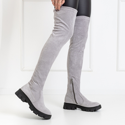 Šedé semišové kozačky nad kolena s plochými podpatky Engi- Footwear