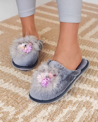 Royalfashion Dámské kožušinové pantofle s květinami Ederra