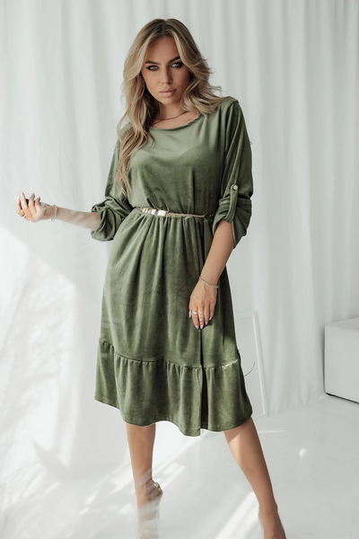 Royalfashion Khaki dámské velurové šaty s ozdobným páskem