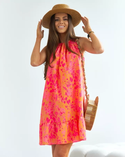 Royalfashion Oranžovorůžové dámské krátké květované šaty