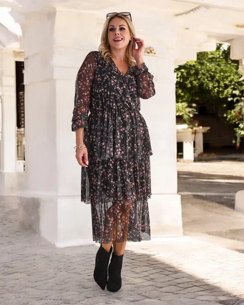 Royalfashion Чорно-рожева сукня міді з сітки з принтом